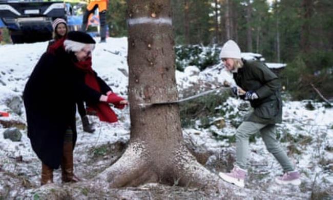 Anne Lindboe and lord mayor Patricia McAllister sawing tree