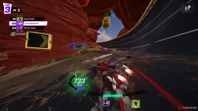 A screenshot from Rocket Racing showing a character charging their boost meter by drifitng in an open area