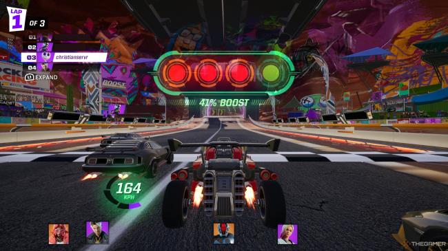 A screenshot from Fortnite's Rocket Racing Mode, showing the player has received a 41 percent boost for accelerating at the green light.