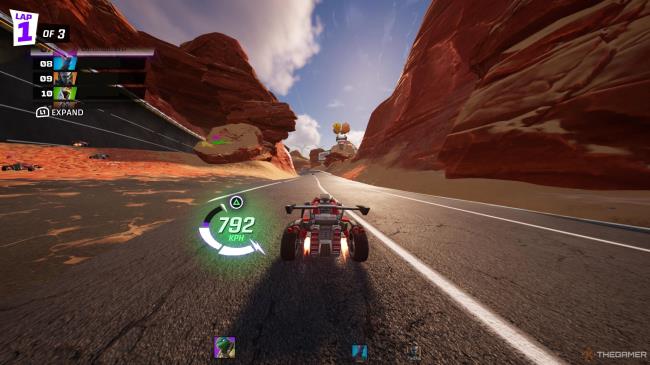 A screenshot from Fortnite Rocket Racing showing the player's car has two full Turbo meters, with a prom<em></em>pt for the PlayStation's Triangle button shown to activate it