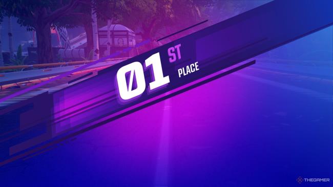 A screenshot from Fortnite's Rocket Racing mode that shows the first place screen