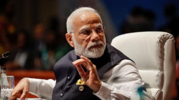 Prime Minister of India Narendra Modi gestures at the plenary session during the 2023 BRICS Summit at the Sandton Co<em></em>nvention Centre in Johannesburg, South Africa August 23, 2023. GIANLUIGI GUERCIA/Pool via REUTERS/file photo Acquire Licensing Rights