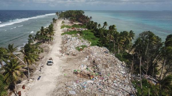 An aerial view of the rubbish dump used to dispose waste is seen north of Funafuti, Tuvalu