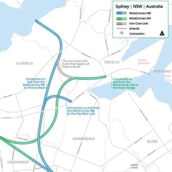 Map showing the M8 and M4 Westco<em></em>nnex tunnels in Sydney