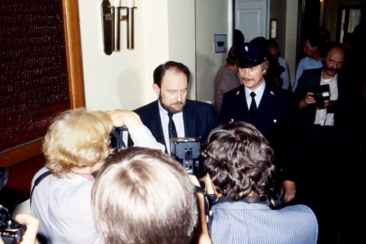 German reporter Gerd Heidemann being interviewed in Hamburg a<em></em>bout the Hitler diaries he discovered, Germany 1983