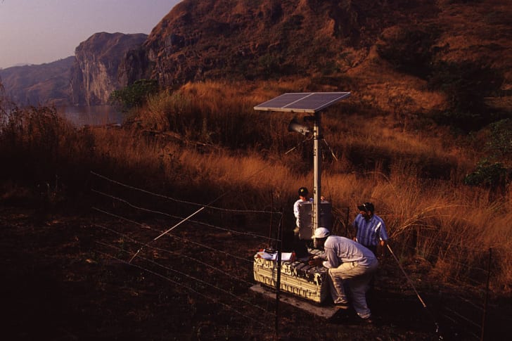 Scientists set up carbon dioxide detectors following the disaster at Lake Nyos.