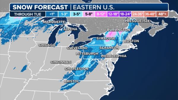 In the higher elevations of New York, Vermont and New Hampshire, several inches of snow will likely reduce visibilities and make travel treacherous on rural roadways.