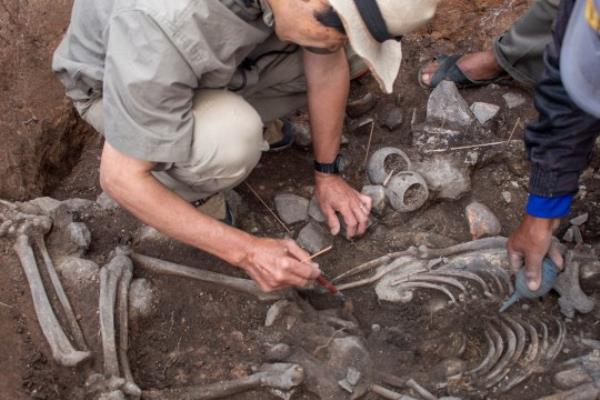 An archaeologist of the Pacopampa Archaeological Project works on the site of a 3,000-year-old tomb which they believe might have ho<em></em>nored an elite religious leader in the Andean country some three millennia ago, in Pacopampa, Peru August 25, 2023. Ministry of Culture of Peru/Handout via REUTERS ATTENTION EDITORS - THIS IMAGE HAS BEEN SUPPLIED BY A THIRD PARTY. NO RESALES. NO ARCHIVES