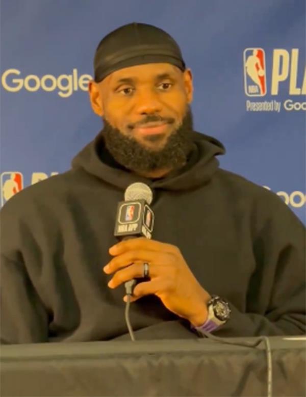 LeBron James in a post game press co<em></em>nference after the Lakers' season-ending loss to the Nuggets in Game 5 of their first-round playoff series on April 29, 2024. 