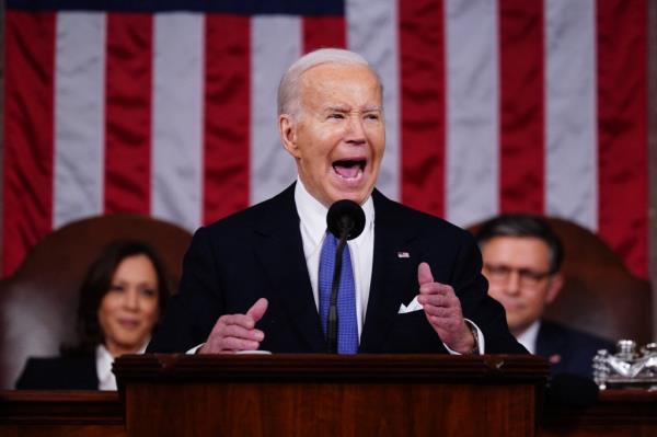 President Joe Biden delivers the State of the Unio<em></em>n address in the House Chamber of the US Capitol in Washington, DC, on March 7, 2024. 