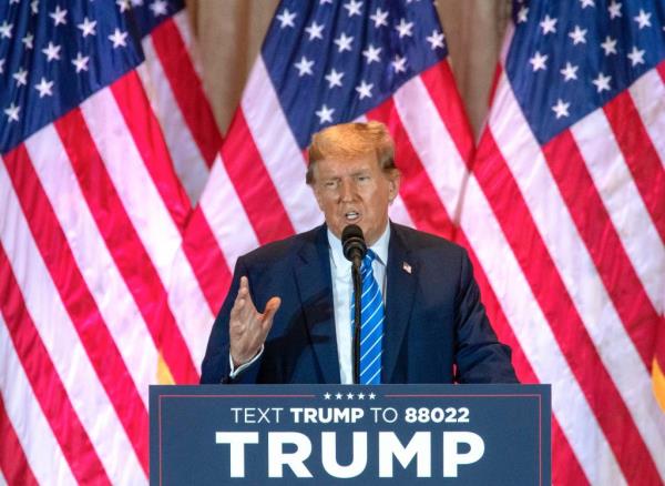 Former president Do<em></em>nald Trump speaks at an election-night watch party on Super Tuesday at Mar-a Lago on March 5, 2024 in Palm Beach, Florida.