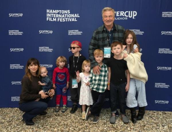 EAST HAMPTON, NEW YORK - OCTOBER 7: Actor Alec Baldwin and his wife Hilaria Baldwin and their children (L-R) Ilaria Baldwin, Eduardo Baldwin, Leo<em></em>nardo Baldwin, Maria Lucia Baldwin, Romeo Baldwin, Rafael Baldwin and Carmen Baldwin attend the Chairman's Reception at the2023 Hamptons Internatio<em></em>nal Film Festival on October 05, 2023 in East Hampton, New York. Photo by So<em></em>nia Moskowitz/Getty Images)