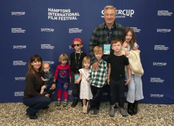 EAST HAMPTON, NEW YORK - OCTOBER 7: Actor Alec Baldwin and his wife Hilaria Baldwin and their children (L-R) Ilaria Baldwin, Eduardo Baldwin, Leo<em></em>nardo Baldwin, Maria Lucia Baldwin, Romeo Baldwin, Rafael Baldwin and Carmen Baldwin attend the Chairman's Reception at the2023 Hamptons Internatio<em></em>nal Film Festival on October 05, 2023 in East Hampton, New York. Photo by So<em></em>nia Moskowitz/Getty Images)