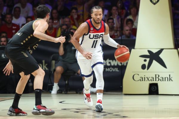 Jalen Brunson dribbles during Team USA's win over Spain on Aug. 13.