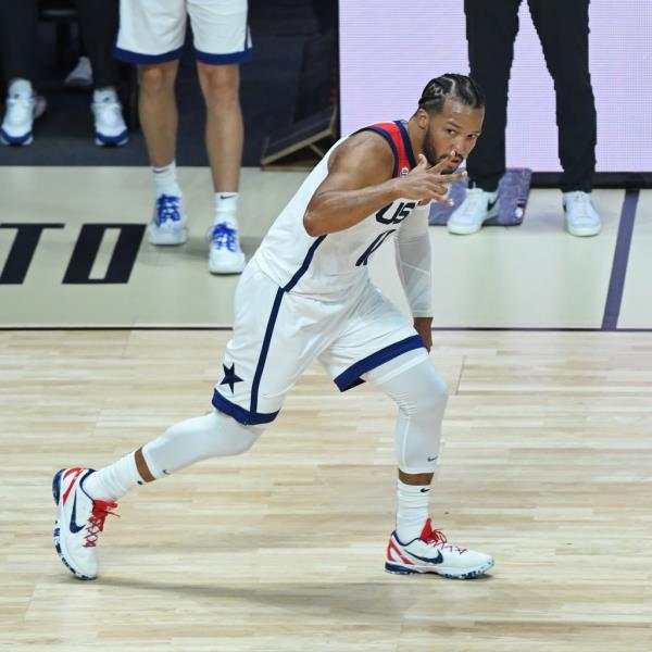 Jalen Brunson celebrates during Team USA's win over Spain on Aug. 13.