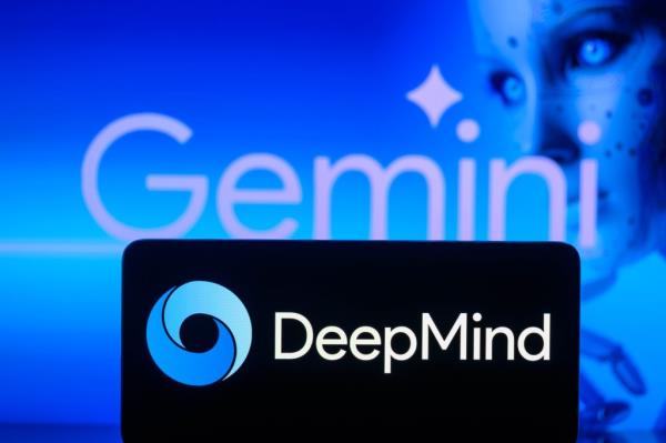 A smartphone displays the Deepmind logo with the Google Gemini logo in the background. 