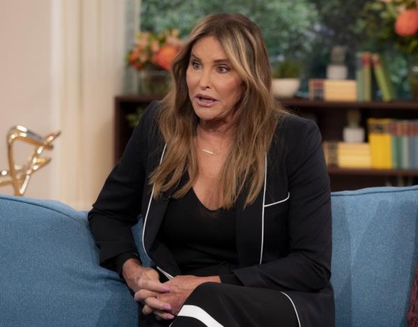 Caitlyn Jenner sitting on a couch, being interviewed on TV show This Morning in London.