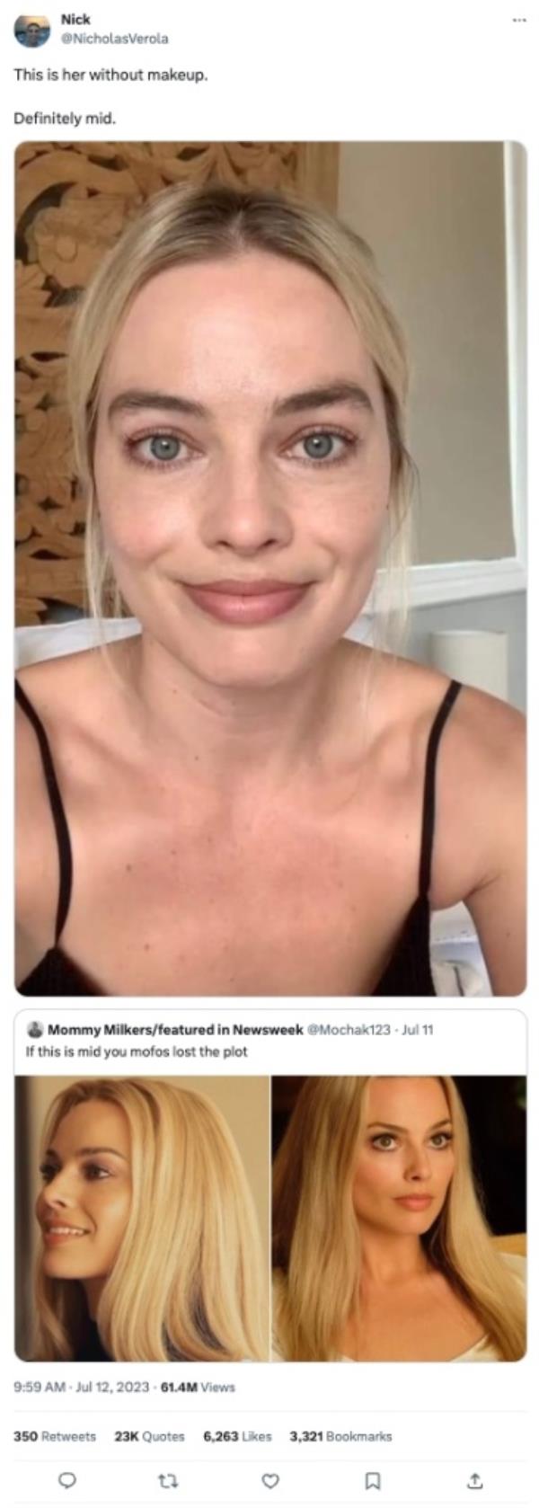 Twitter user shares photo of Margot Robbie without makeup, claims she is 