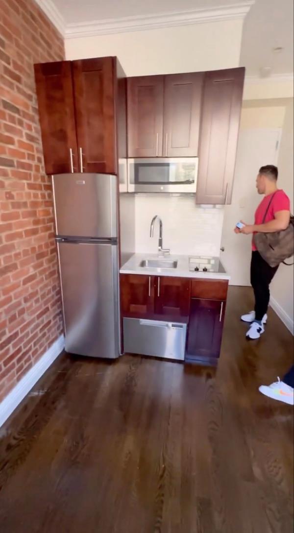 The tiny kitchen has a dishwasher to match.