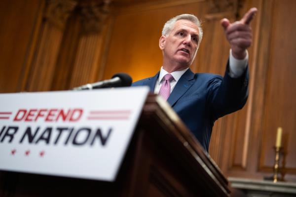 Speaker of the House Kevin McCarthy co<em></em>nducts a news co<em></em>nference in the U.S. Capitol after the House passed the Natio<em></em>nal Defense Authorization Act on Friday.