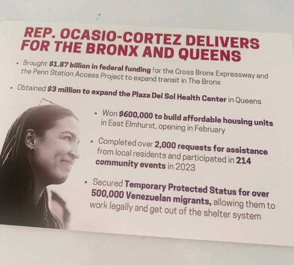 A mailer sent out by Rep. Alexandria Ocasio-Cortez boasting a<em></em>bout her accomplishments.