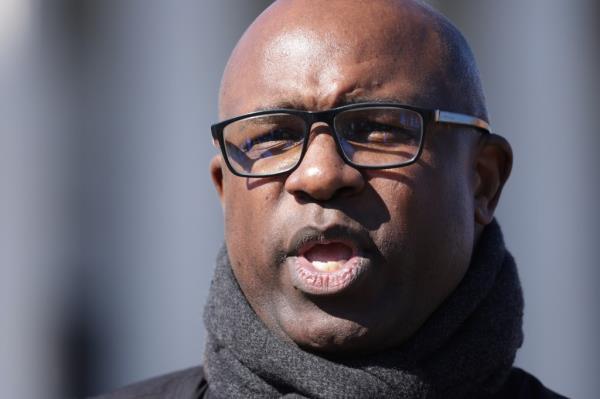 U.S. Rep. Jamaal Bowman speaking at a news co<em></em>nference outside the Capitol on the launch of Cong. Hip Hop Power and Justice Task Force.