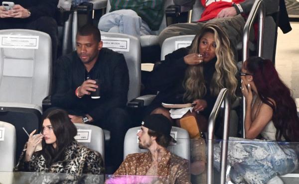 Denver Bronco's quarterback Russell Wilson and his wife US singer Ciara (top) along with Canadian singer-so<em></em>ngwriter Justin Bieber and his wife US model Hailey Bieber attend Super Bowl LVIII between the Kansas City Chiefs and the San Francisco 49ers