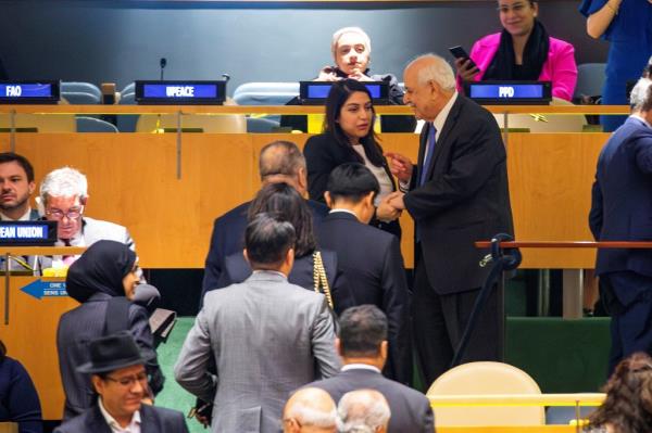 Mansour is greeted by delegates during the United Nations General Assembly after the voting.