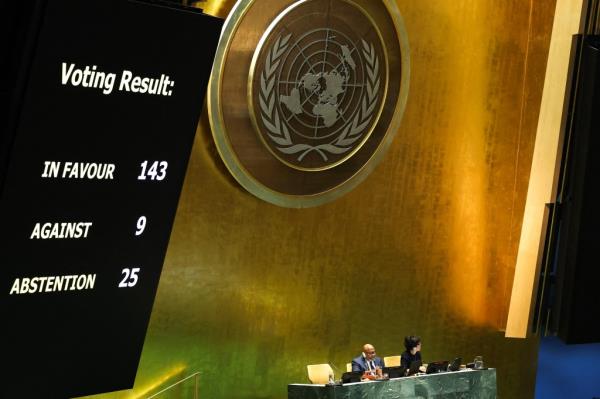 The assembly adopted a resolution with 143 votes in favor and nine against, while 25 countries abstained.</p>

<p>　　