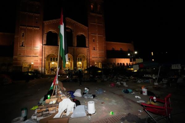 Items are left behind on a pro-Palestinian encampment on the UCLA campus.