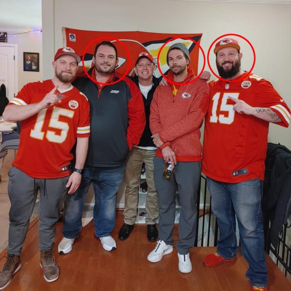 David Harrington, Clayton McGeeney, Ricky Johnson, and two unidentified Chiefs fans in football jerseys