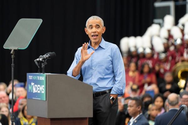 President Barack Obama speaks at a Michigan Democrats Get Out the Vote Rally for Governor Gretchen Whitmer in 2022