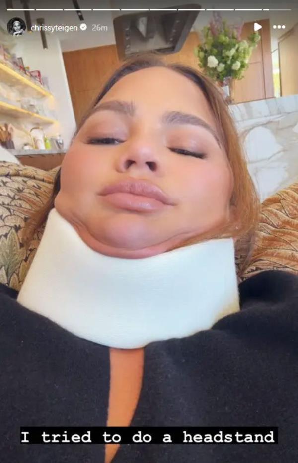 Chrissy Teigen posted a selfie wearing a neck brace on May 6, 2024.