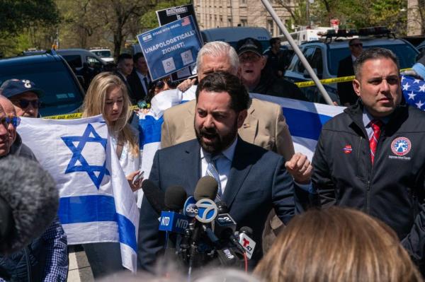  Rep. Mike Lawler (R-NY) speaks during a press co<em></em>nference outside of Columbia University on April 22, 2024, in New York City.