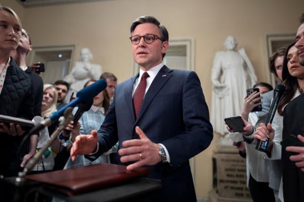 Speaker of the House Mike Johnson, R-La., talks to reporters just after the House voted to approve $95 billion in foreign aid for Ukraine, Israel and other U.S. allies, at the Capitol in Washington, Saturday, April 20, 2024.