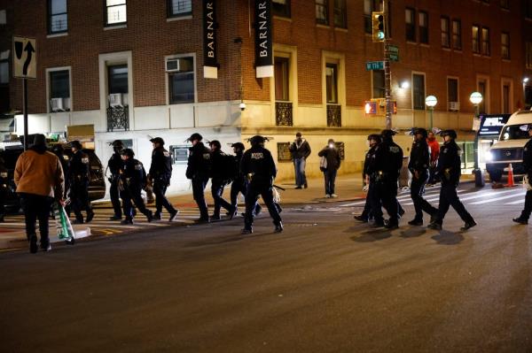 NYPD and protesters face off at Columbia University on April 24 in the late evening early morning protest was peaceful but one arrest for disorderly co<em></em>nduct un////con<em></em>firm/i/i/i/ied