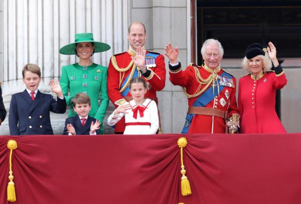 King Charles III and Queen Camilla wave alo<em></em>ngside Prince William, Prince of Wales, Prince Louis of Wales, Catherine, Princess of Wales and Prince George of Wales on the Buckingham Palace balcony during Trooping the Colour on June 17, 2023.