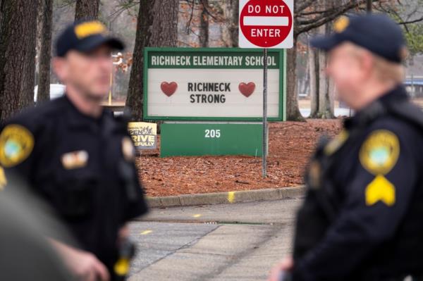 Police at Richneck Elementary School in Newport News, Virginia after the shooting on January 30, 2023.