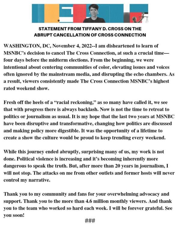 Tiffany Cross MSNBC cancellation statement posted on twitter is shown.</p>

<p>　　