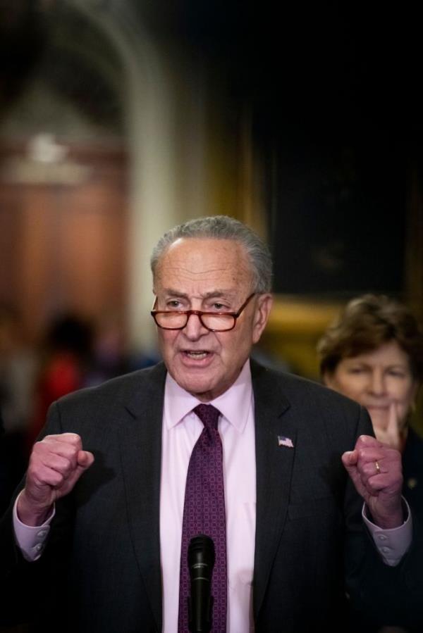 United States Senate Majority Leader Chuck Schumer (Democrat of New York) offers remarks during a press co<em></em>nference following the Senate Democrat policy luncheon in the Ohio Clock corridor at the United States Capitol in Washington, DC.