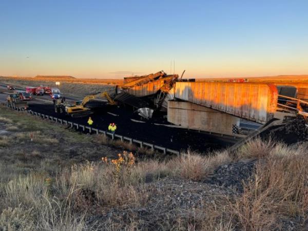 Massive train derailment kills truck driver after trapping them under piles of coal Anyone traveling along I 25 in Pueblo County. The interstate is closed due to a train derailment. Closures are exit 110 SB I 25 and exit 101 to Highway 50 on NB I 25. Expect extended closure. Unknown when It will reopen. Credit Colorado State Patrol