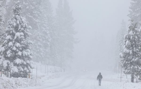 A person walks on a snowy road lined with trees covered in white in Truckee, California, during a powerful winter storm