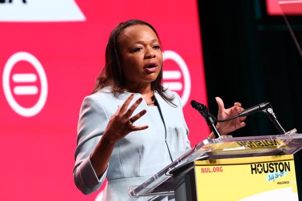 Kristen Clarke, Assistant Attorney General for Civil Rights, U.S. Department of Justice speaks on stage during the Natio<em></em>nal Urban League Co<em></em>nference Plenary II: State of Black America on July 28, 2023 in Houston, Texas.