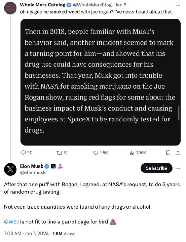 Musk, however, did not admit that he never used illegal drugs, o<em></em>nly co<em></em>nfirming that he hasn't touched a substance in the past three years.