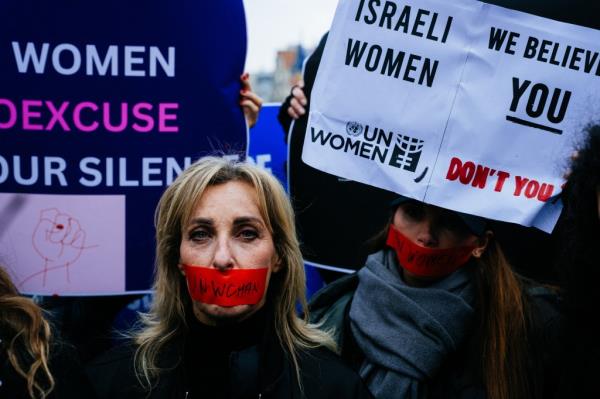 A demo<em></em>nstration in front of UNESCO headquarters in Paris against the sexual assaults committed by Hamas on Dec. 1, 2023.