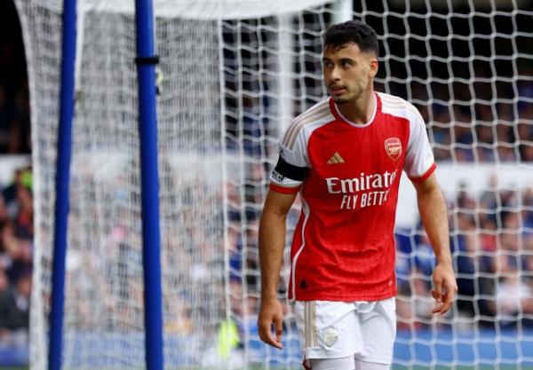 Arsenal's Gabriel Martinelli celebrates scoring their first goal before being disallowed after a VAR review