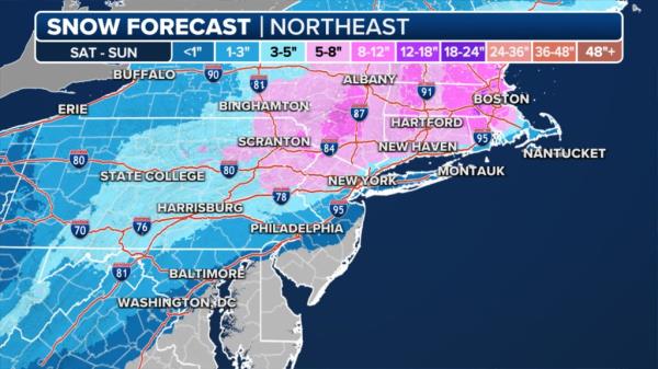 Graphic showing how much snow is expected across the country. 