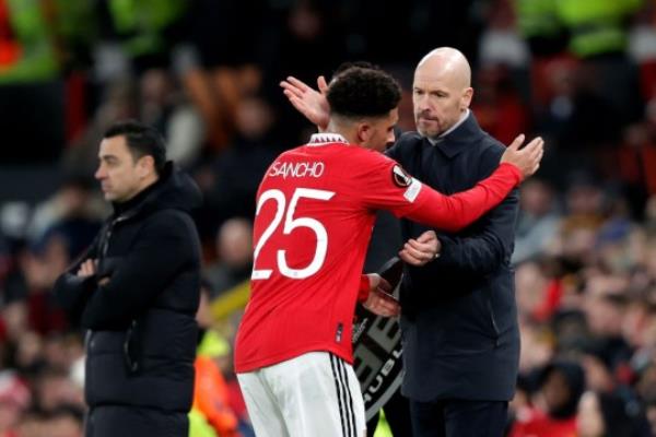 Jadon Sancho of Manchester United, Coach Erik Ten Hag of Manchester Unitedduring the UEFA Europa League match between Manchester United v FC Barcelona at the Old Trafford