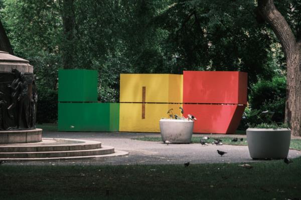 An art piece in Unio<em></em>n Square park in lower Manhattan features large block letters spelling out LOV by artist Pasha Radetzki. 