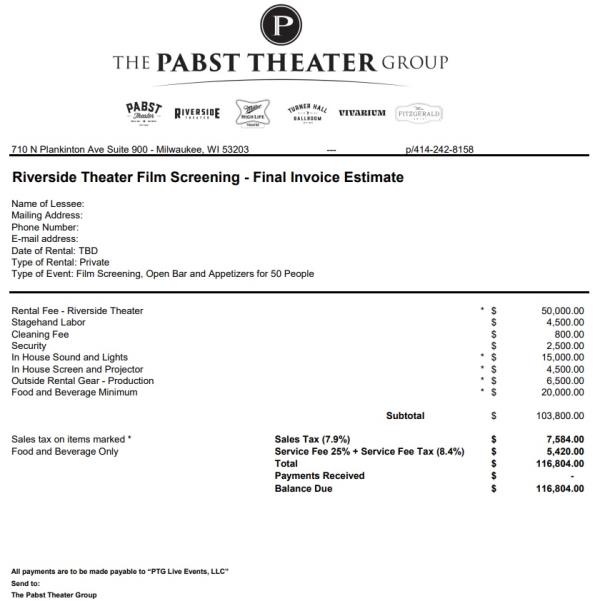 An invoice from Gary Witt's Pabst Theater Group charging a<em></em>bout $117,000 for a movie screening an open bar Riverside Theater during the convention.